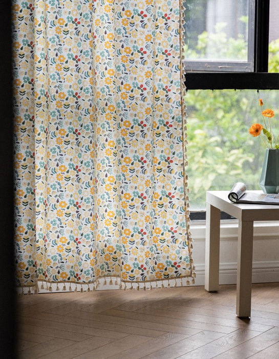 Yellow Flower Tassel Cotton Linen Curtains