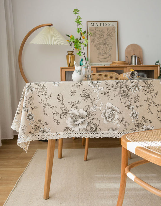 Lace Edge Retro Flower Printed Tablecloth