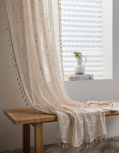 Beige Crochet Retro Hollowed Lace Curtains