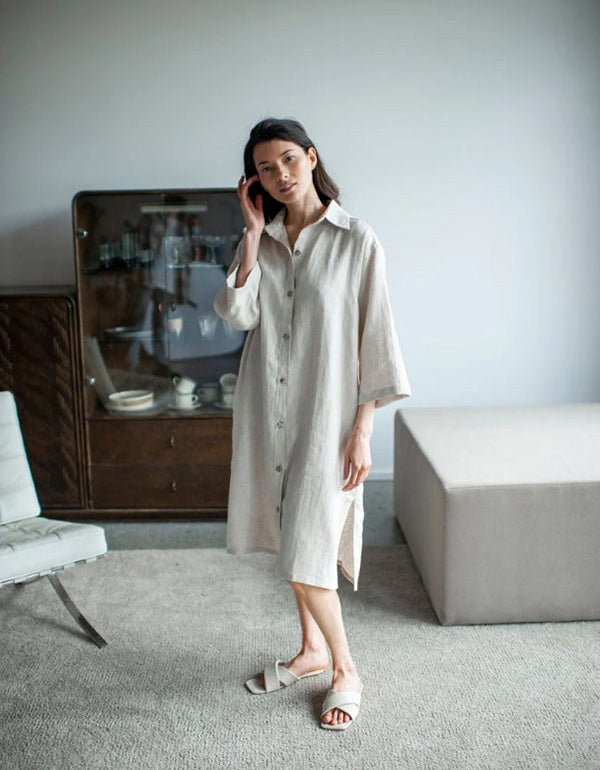 French Style Loose Mid-length Linen Shirt Dress