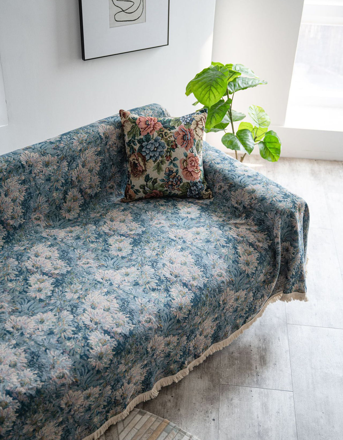American Country Blue Floral Jacquard Sofa Blanket