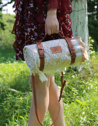 Camping Outdoor Tassel Picnic Blanket With Leather Strap