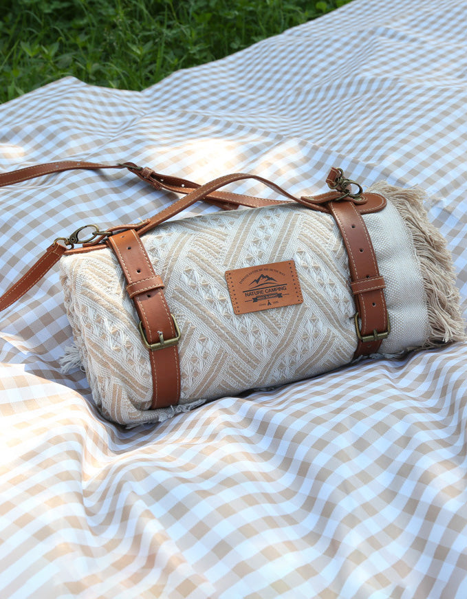 Camping Outdoor Tassel Picnic Blanket With Leather Strap