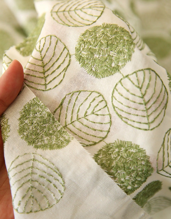 Cotton Linen Embroidery Leaves Fabric