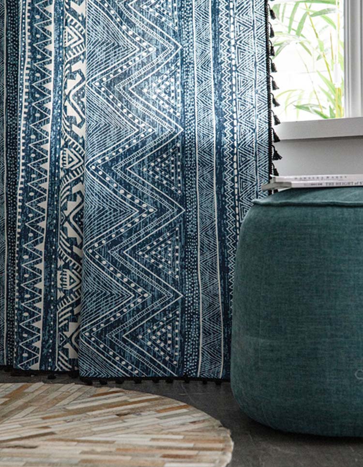 Farmhouse-style Bohemian Blue Geometric Printing Curtains