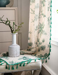 Green Tassel Edging Pine Cone Printed Curtains