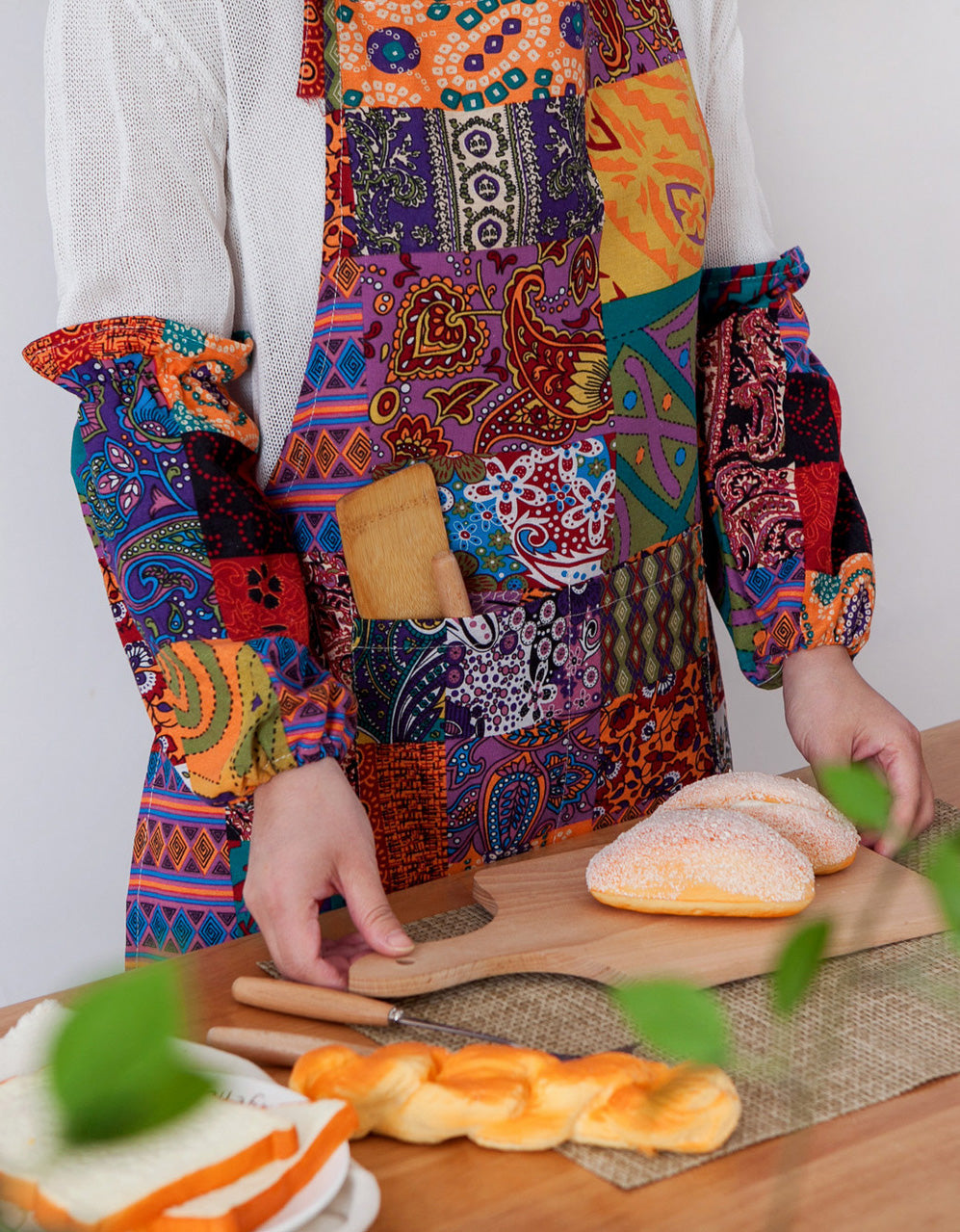 Mixed Color Cotton Patchwork Cooking Aprons with Sleeve Covers