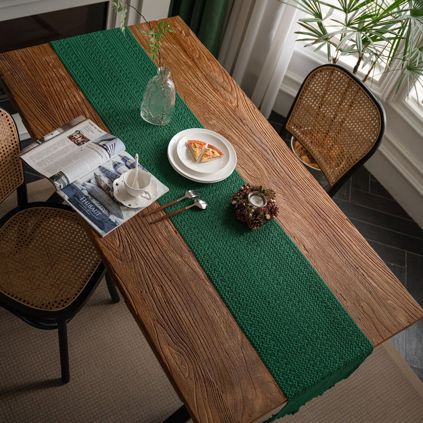 Vintage Knitted Tassel Green Table Runner