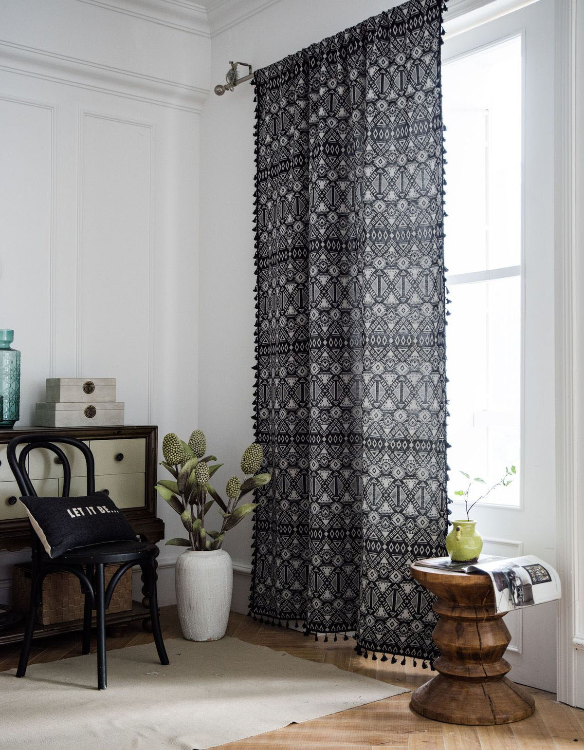 Poly-cotton Jacquard Black Geometric Tassel Boho Curtains