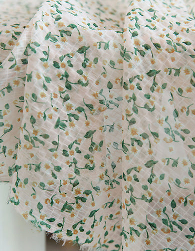 Summer Floral Print Pleated Texture Mesh Fabric