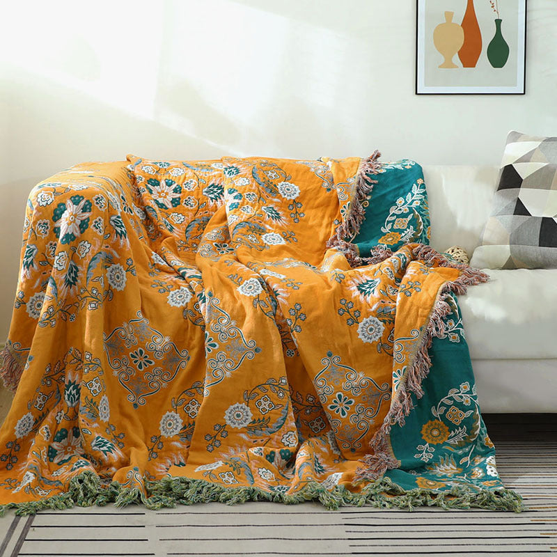Tassel Double-sided Floral Bedcover Sofa Blanket