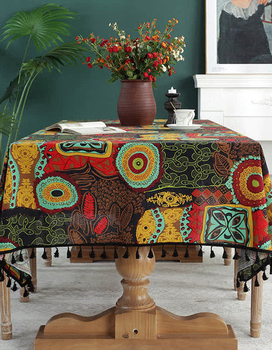 Vintage Abstract Pattern Tablecloth With Black Tassel