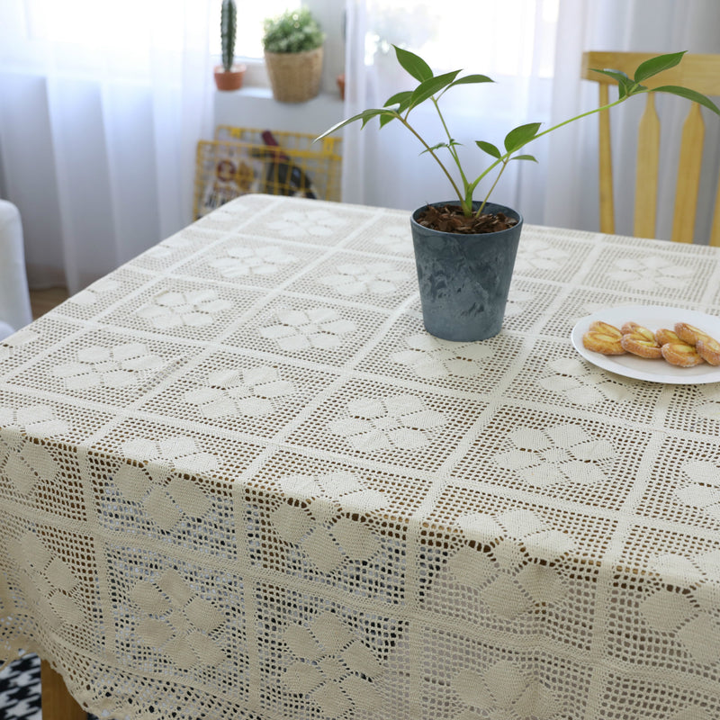 Vintage Beige Knitted Pure Cotton Square Tablecloth