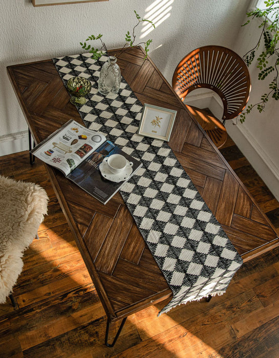 Vintage Black White Tassel Plaid Table Runner
