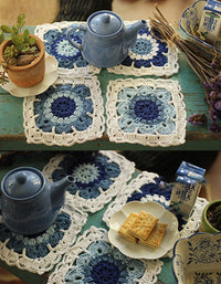 Vintage Square Crochet Blue Flower Placemat (4PCS)