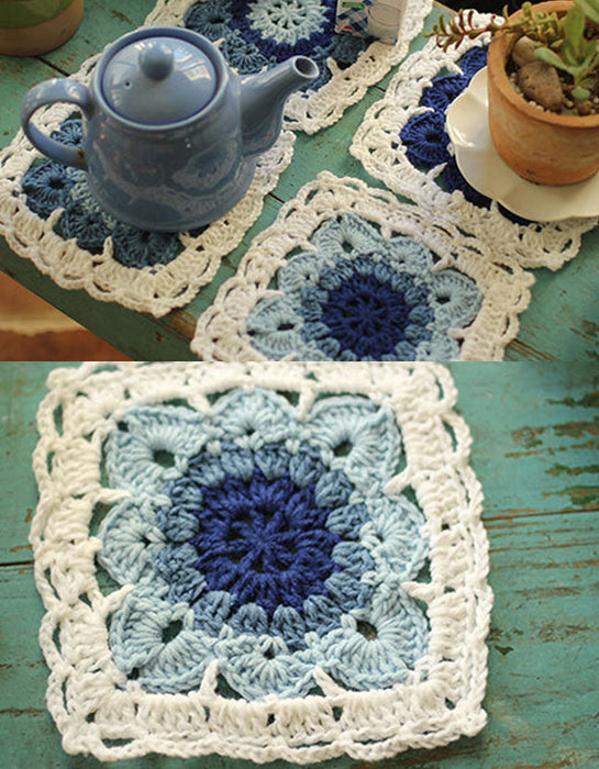 Vintage Square Crochet Blue Flower Placemat (4PCS)