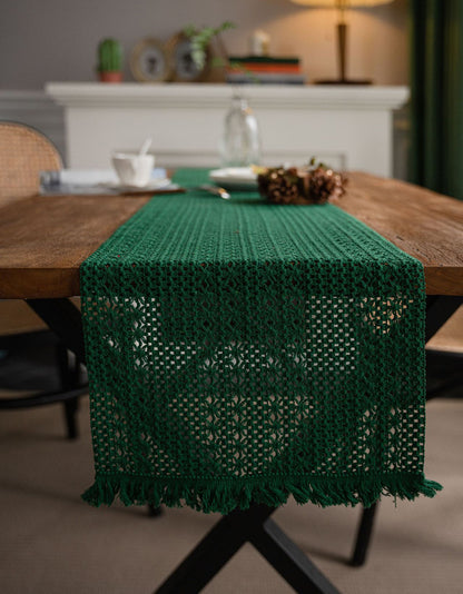 Vintage Knitted Tassel Green Table Runner