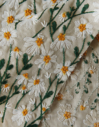Vintage Cotton Linen Daisy Embroidery Fabric